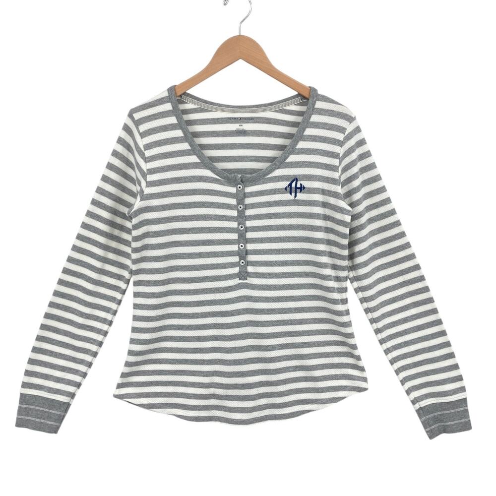 Tommy Hilfiger Knit Top Large Womens Gray Striped Logo Ribbed Cuff Henley Neck